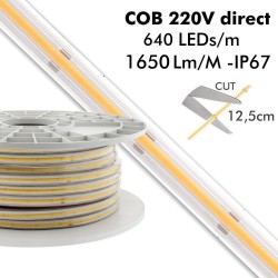 Tira LED 220V COB, 288Led/m, carrete 50 metros con conectores rápidos, 50cm corte