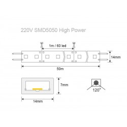 Tira LED 220V SMD5050, 60Led/m, carrete 50 metros