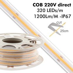 Tira LED 220V COB, 320Led/m, 12W/m, 25cm corte, 20 metros. Regulable Triac