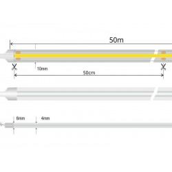 Tira LED 220V COB 4*10mm,, 288Led/m, carrete 50 metros con conectores rápidos, IP68, 50cm corte