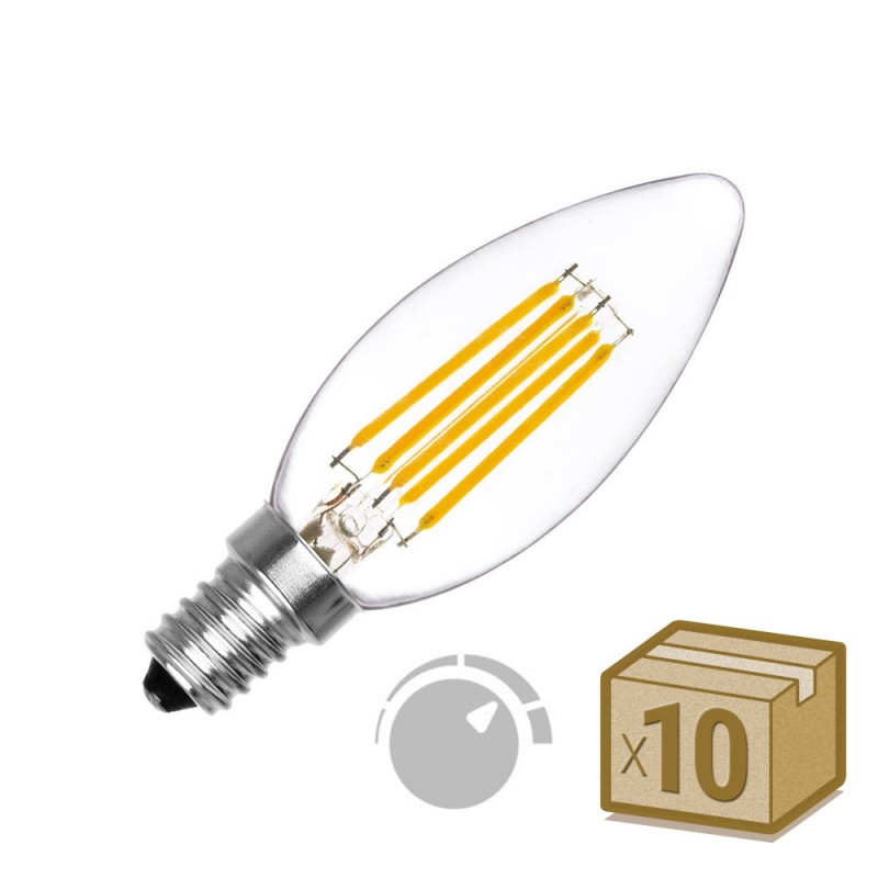 Pack 10 x Bombilla Filamento LED Vela E14 COB 6W, Regulable