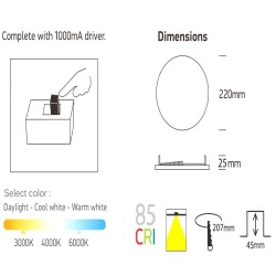 Downlight Led, 24W, Frameless, CCT ajustable